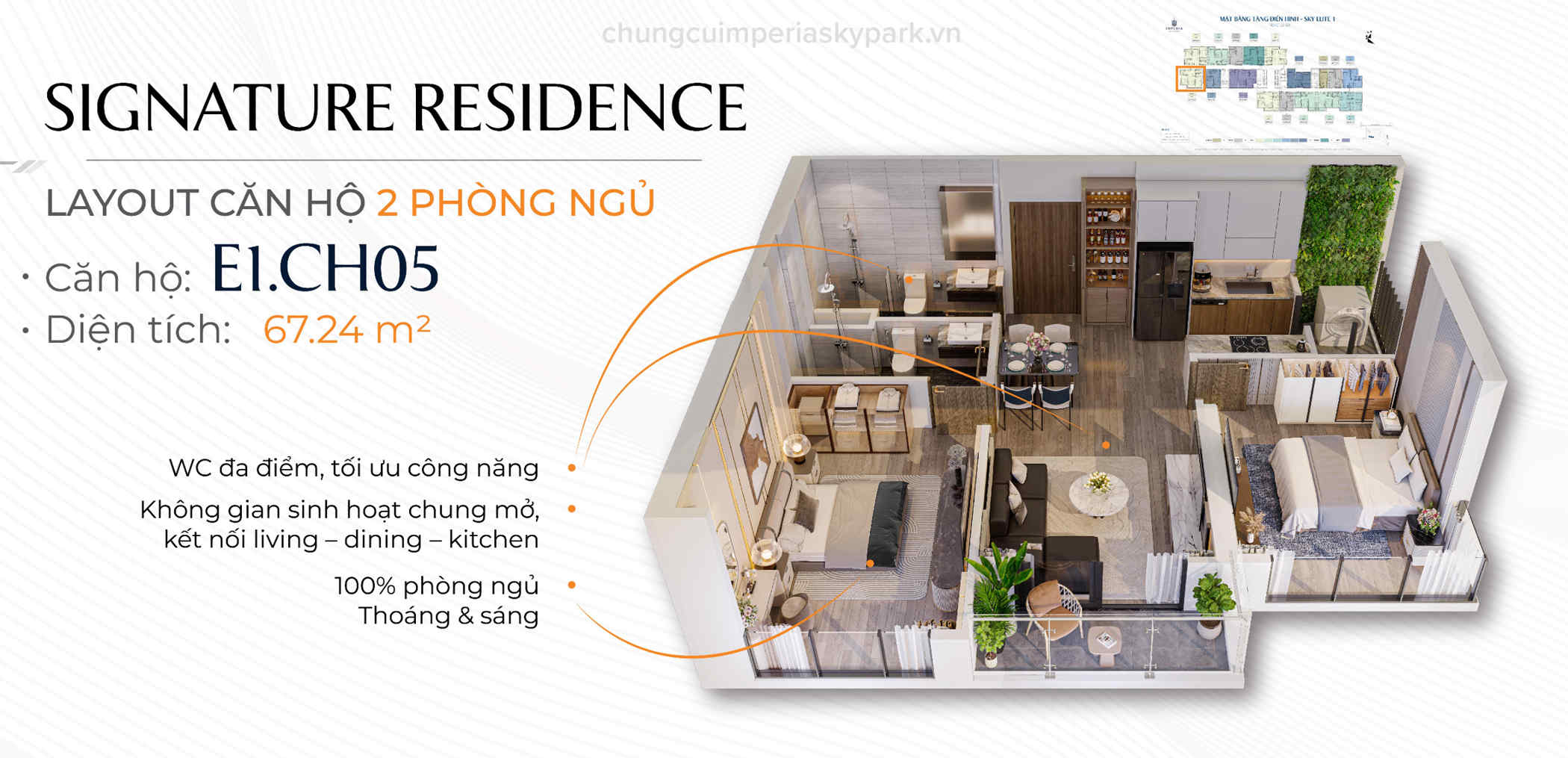 thiết kế căn hộ 2 phòng ngủ imperia sky park
